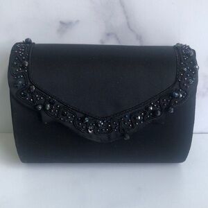 Vintage Vanessa Black Beaded Trim Satin Barrell Evening Shoulder Bag Clutch